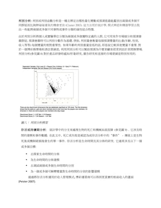 判 別 分 析 :	
  判別或判別函數分析是一種去辨定出哪些量化變數或預測值最能鑑別出兩個或多個不
同群組而比純粹碰碰運氣的機會更佳 (Cramer 2003). 這方法用於統計學, 模式辨認和機器學習去找
出一些能將兩個或多個不同事物或事件分類的線性組合特徵.

由於判別分析將個人或實驗單位分類為兩個或多個獨特定義的人群, 它可用來作市場細分和預測會
藉群組. 預測會藉時可以判別分數作為基礎. 例如, 判別量會衡量每個預測變量的比重(年齡, 性別,
收入等等) 每個變量的相對重要性. 如果年齡的判別重量是低的話, 即是說它較其他變量不重要. 對
於一個博彩娛樂場和酒店營銷部, 利用判別分析可以幫助預測為什麼某顧客經常到訪於某間娛樂場.
判別分析(參見圖 8) 對於產品研發時感知/形象研究, 廣告研究和直接的市場營銷是特別有用的.

	
           	
  




                                           	
  

       圖八： 判別分析模型

       存 活 或 持 續 期 分 析 : 統計學中的分支來處理生物的死亡和機械系統故障 (參見圖 9) . 它涉及時
       間的建模和事件數據; 在此文中, 死亡或失敗是被認為成存活分析中的“事件” - 傳統上是生物
       死後或機制破損後發生的單一事件. 存活分析是生命時間及其分佈的研究. 它通常涉及以下一個

       或多個目標:

         •          去探索生命時間的分佈	
  

         •          為生命時間的分佈建模	
  

         •          去測試兩個或多個生命時間的分別	
  

         •          為一個或多個可解釋變量對生命時間的分別的影響建模	
  

	
           通過將存活分析運用於收入管理模式,	
  博彩運營商可以得到更真實的枱面收入的畫面	
  
(Peister	
  2007).	
  
 