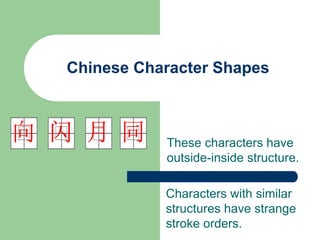 Chinese Character Shapes
These characters have
outside-inside structure.
同
月
闪
向
Characters with similar
structures have strange
stroke orders.
 