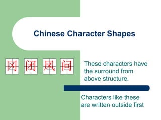Chinese Character Shapes
These characters have
the surround from
above structure.
问
凤
闭
冈
Characters like these
are written outside first
 
