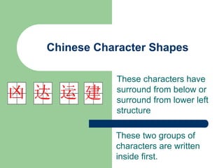 Chinese Character Shapes
These characters have
surround from below or
surround from lower left
structure
建
运
达
凶
These two groups of
characters are written
inside first.
 