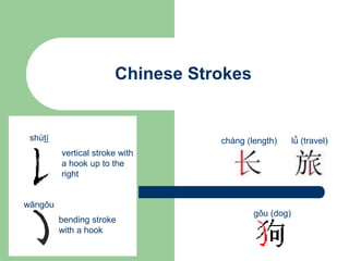 Chinese Strokes
shùtí
vertical stroke with
a hook up to the
right
cháng (length) lǚ (travel)
wāngōu
bending stroke
with a hook
gǒu (dog)
 