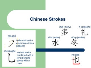 Chinese Strokes
礼
冬
多
水
vertical stroke
combined with a
level bending
stroke with a
hook
horizontal stroke
which turns into a
diagonal
yě (also)
shuǐ (water)
duō (many)
dōng (winter)
lǐ (present)
héngpiě
shùwāngōu
 