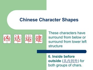 Chinese Character Shapes
These characters have
surround from below or
surround from lower left
structure
建
运
达
凶
6. Inside before
outside (从内到外) for
both groups of chars.
 