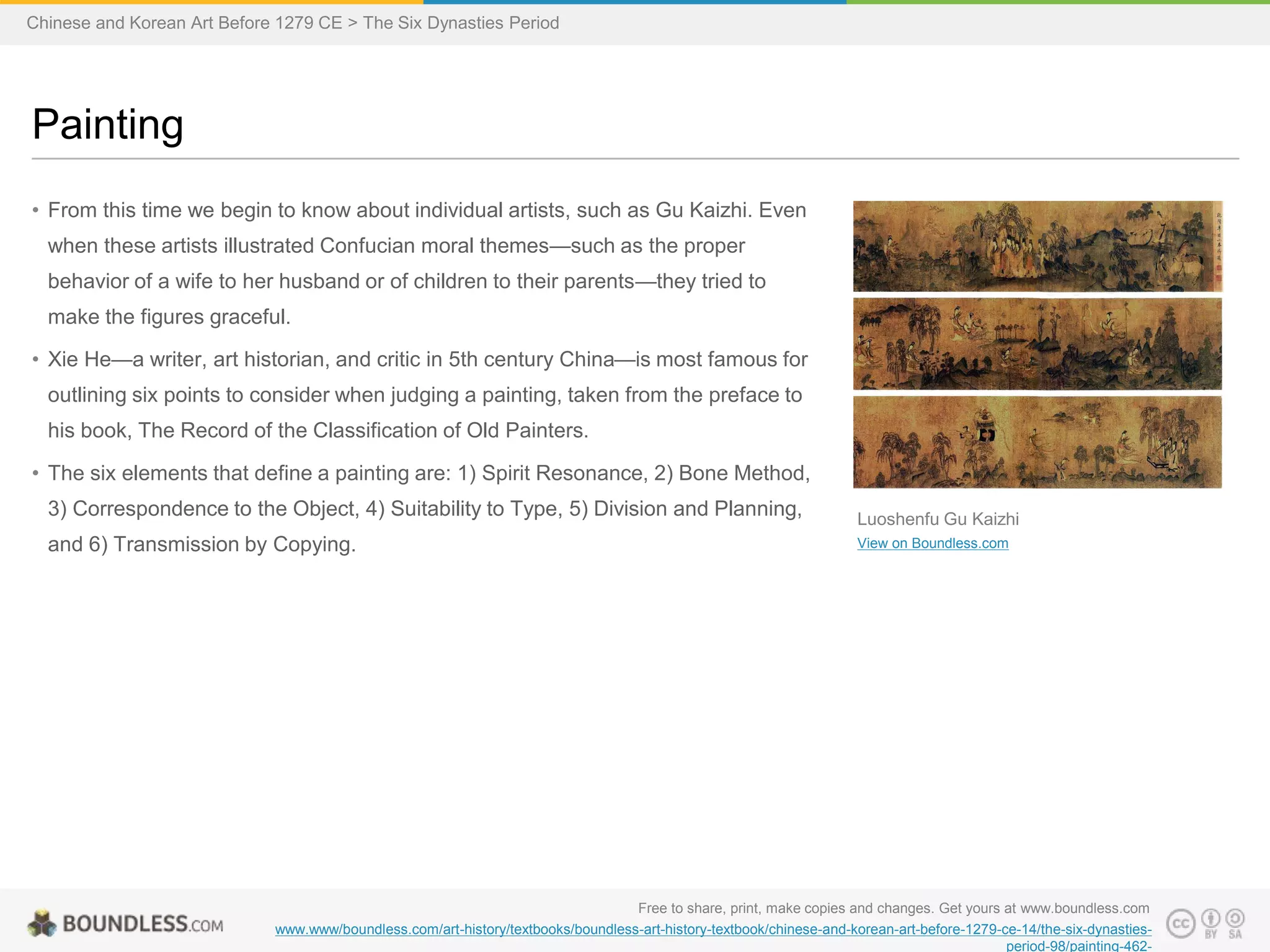 • From this time we begin to know about individual artists, such as Gu Kaizhi. Even
when these artists illustrated Confucian moral themes—such as the proper
behavior of a wife to her husband or of children to their parents—they tried to
make the figures graceful.
• Xie He—a writer, art historian, and critic in 5th century China—is most famous for
outlining six points to consider when judging a painting, taken from the preface to
his book, The Record of the Classification of Old Painters.
• The six elements that define a painting are: 1) Spirit Resonance, 2) Bone Method,
3) Correspondence to the Object, 4) Suitability to Type, 5) Division and Planning,
and 6) Transmission by Copying.
Painting
Free to share, print, make copies and changes. Get yours at www.boundless.com
www.www/boundless.com/art-history/textbooks/boundless-art-history-textbook/chinese-and-korean-art-before-1279-ce-14/the-six-dynasties-
period-98/painting-462-
Luoshenfu Gu Kaizhi
View on Boundless.com
Chinese and Korean Art Before 1279 CE > The Six Dynasties Period
 