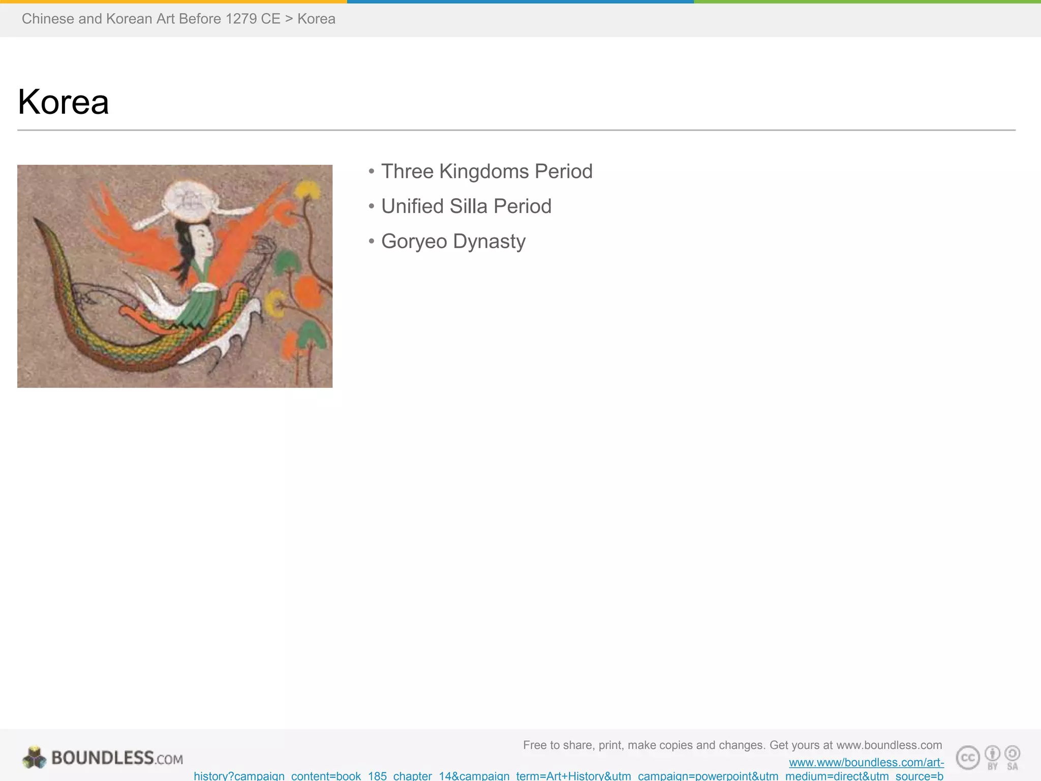 • Three Kingdoms Period
• Unified Silla Period
• Goryeo Dynasty
Korea
Chinese and Korean Art Before 1279 CE > Korea
Free to share, print, make copies and changes. Get yours at www.boundless.com
www.www/boundless.com/art-
history?campaign_content=book_185_chapter_14&campaign_term=Art+History&utm_campaign=powerpoint&utm_medium=direct&utm_source=b
 