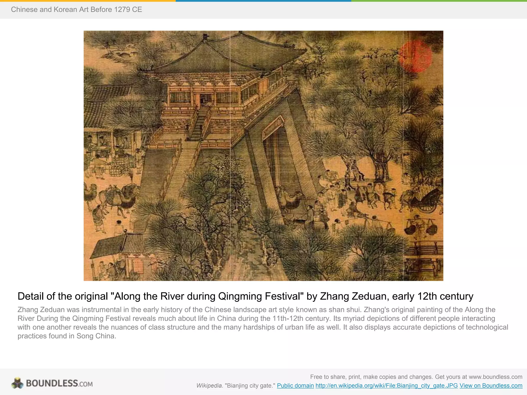 Detail of the original "Along the River during Qingming Festival" by Zhang Zeduan, early 12th century
Zhang Zeduan was instrumental in the early history of the Chinese landscape art style known as shan shui. Zhang's original painting of the Along the
River During the Qingming Festival reveals much about life in China during the 11th-12th century. Its myriad depictions of different people interacting
with one another reveals the nuances of class structure and the many hardships of urban life as well. It also displays accurate depictions of technological
practices found in Song China.
Free to share, print, make copies and changes. Get yours at www.boundless.com
Wikipedia. "Bianjing city gate." Public domain http://en.wikipedia.org/wiki/File:Bianjing_city_gate.JPG View on Boundless.com
Chinese and Korean Art Before 1279 CE
 