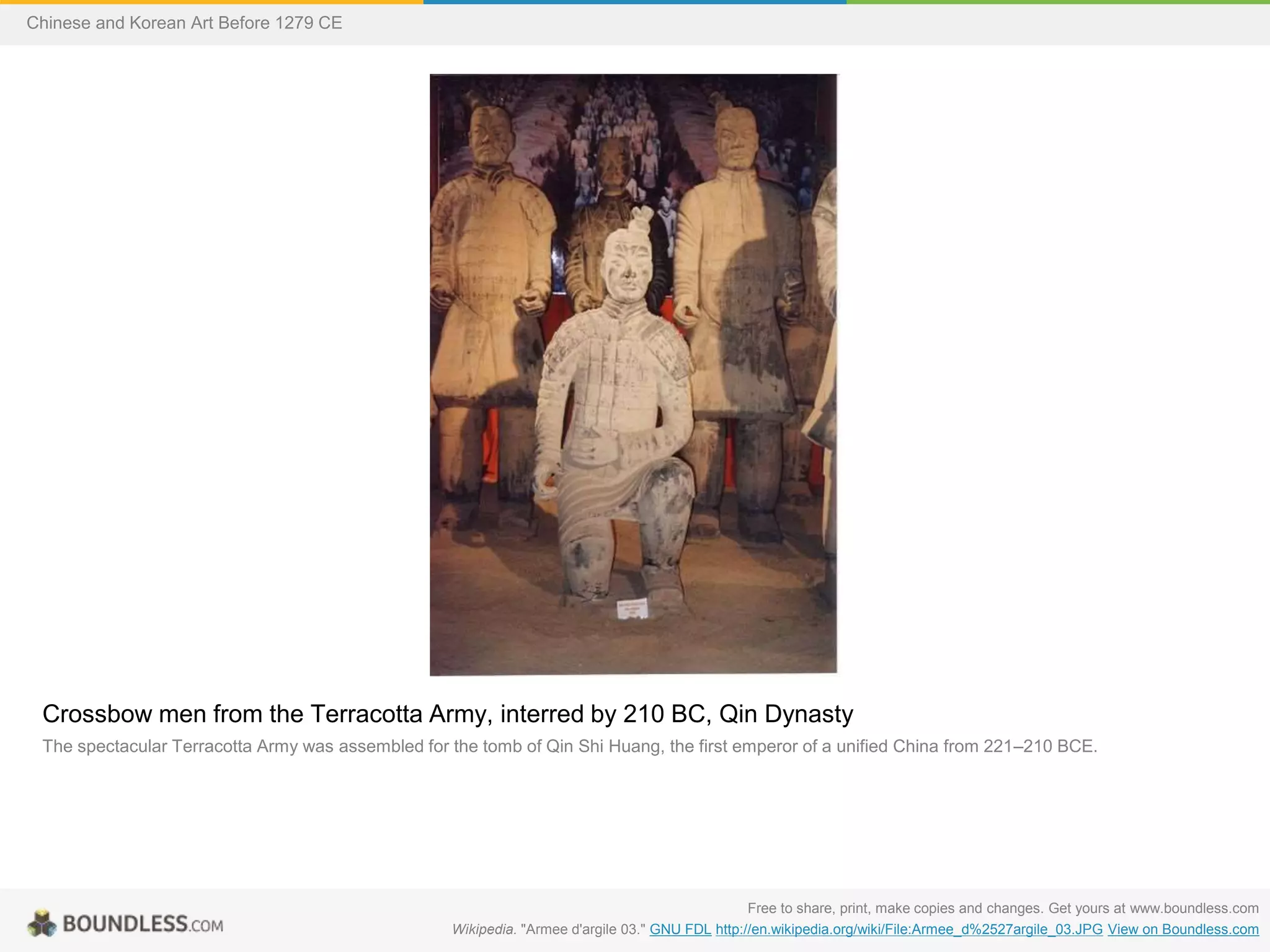 Crossbow men from the Terracotta Army, interred by 210 BC, Qin Dynasty
The spectacular Terracotta Army was assembled for the tomb of Qin Shi Huang, the first emperor of a unified China from 221–210 BCE.
Free to share, print, make copies and changes. Get yours at www.boundless.com
Wikipedia. "Armee d'argile 03." GNU FDL http://en.wikipedia.org/wiki/File:Armee_d%2527argile_03.JPG View on Boundless.com
Chinese and Korean Art Before 1279 CE
 