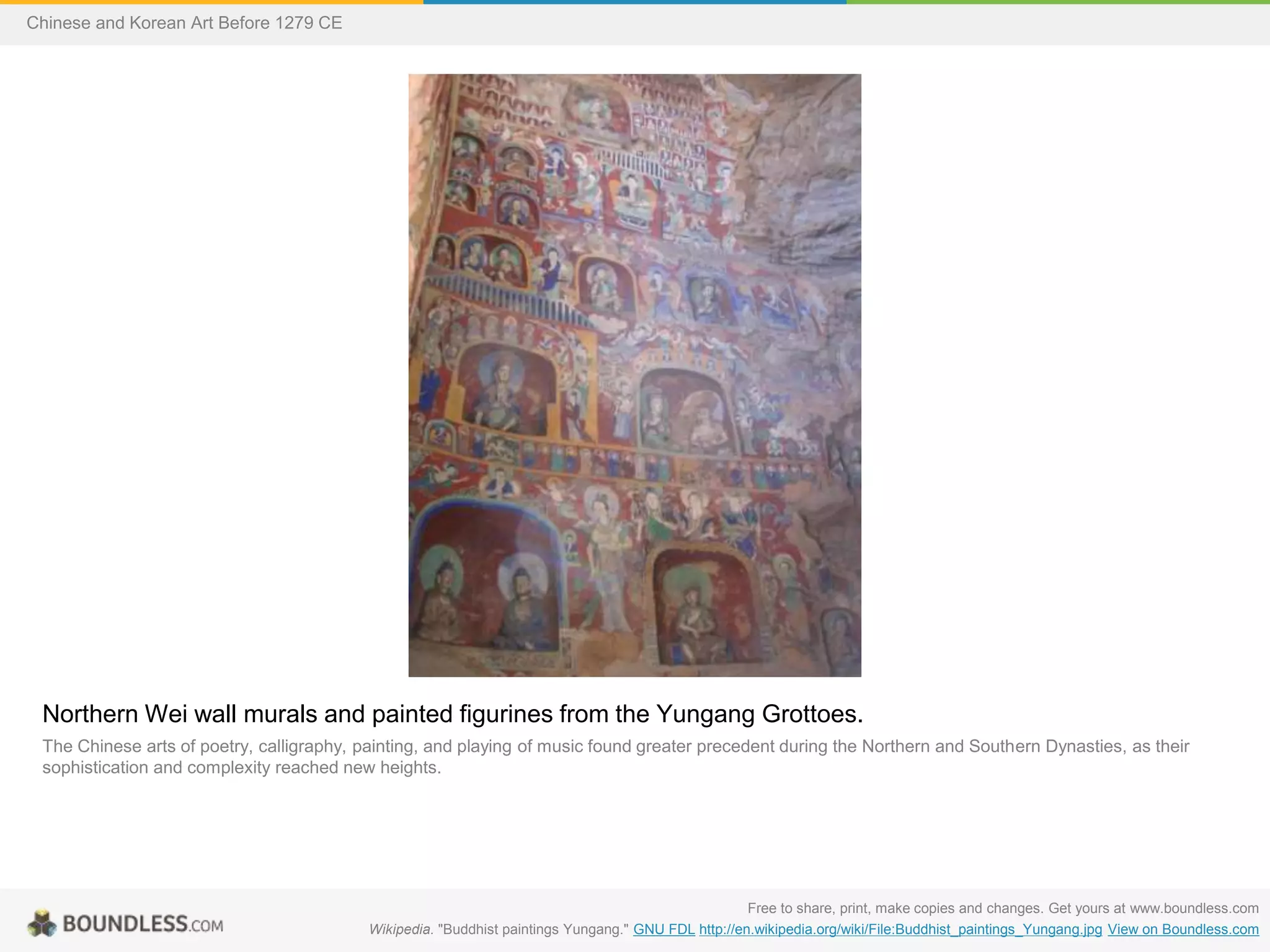 Northern Wei wall murals and painted figurines from the Yungang Grottoes.
The Chinese arts of poetry, calligraphy, painting, and playing of music found greater precedent during the Northern and Southern Dynasties, as their
sophistication and complexity reached new heights.
Free to share, print, make copies and changes. Get yours at www.boundless.com
Wikipedia. "Buddhist paintings Yungang." GNU FDL http://en.wikipedia.org/wiki/File:Buddhist_paintings_Yungang.jpg View on Boundless.com
Chinese and Korean Art Before 1279 CE
 