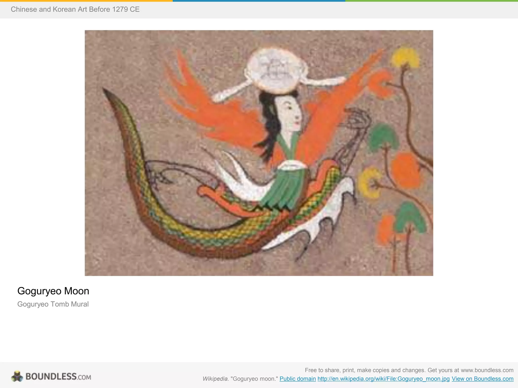 Goguryeo Moon
Goguryeo Tomb Mural
Free to share, print, make copies and changes. Get yours at www.boundless.com
Wikipedia. "Goguryeo moon." Public domain http://en.wikipedia.org/wiki/File:Goguryeo_moon.jpg View on Boundless.com
Chinese and Korean Art Before 1279 CE
 