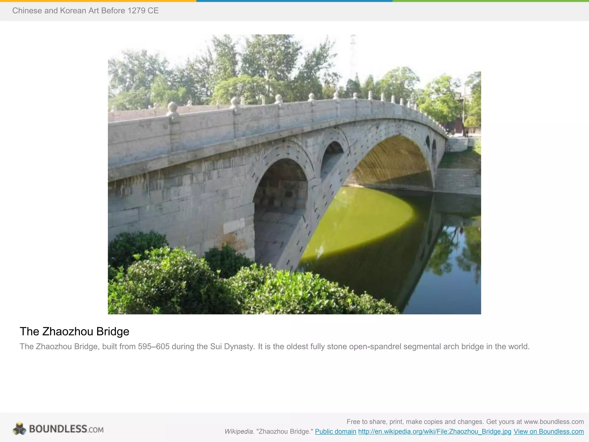 The Zhaozhou Bridge
The Zhaozhou Bridge, built from 595–605 during the Sui Dynasty. It is the oldest fully stone open-spandrel segmental arch bridge in the world.
Free to share, print, make copies and changes. Get yours at www.boundless.com
Wikipedia. "Zhaozhou Bridge." Public domain http://en.wikipedia.org/wiki/File:Zhaozhou_Bridge.jpg View on Boundless.com
Chinese and Korean Art Before 1279 CE
 