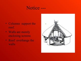 Notice ---
• Columns support the
roof.
• Walls are merely
enclosing screens
• Roof overhangs the
walls
 