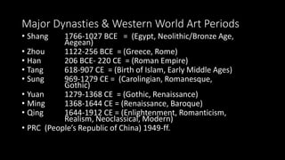 Major Dynasties & Western World Art Periods 
• Shang 1766-1027 BCE = (Egypt, Neolithic/Bronze Age, 
Aegean) 
• Zhou 1122-256 BCE = (Greece, Rome) 
• Han 206 BCE- 220 CE = (Roman Empire) 
• Tang 618-907 CE = (Birth of Islam, Early Middle Ages) 
• Sung 969-1279 CE = (Carolingian, Romanesque, 
Gothic) 
• Yuan 1279-1368 CE = (Gothic, Renaissance) 
• Ming 1368-1644 CE = (Renaissance, Baroque) 
• Qing 1644-1912 CE = (Enlightenment, Romanticism, 
Realism, Neoclassical, Modern) 
• PRC (People’s Republic of China) 1949-ff. 
