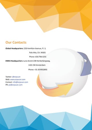 Our Contacts
Global Headquarters: 228 Hamilton Avenue, Fl. 3,
Palo Alto, CA. 94301
Phone: 650.798.5255
EMEA Headquarters: Luna ArenA 238 Herikerbergweg,
1101 CM Amsterdam
Phone: +31 20 8932892
Twitter: @erpscan 
Web: www.erpscan.com
Contact: info@erpscan.com
PR: pr@erpscan.com
 