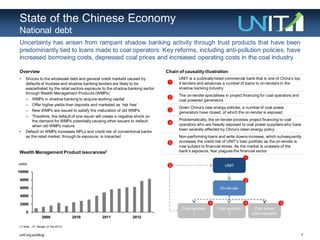 7unit.org.au/blog/
State of the Chinese Economy
National debt
Uncertainty has arisen from rampant shadow banking activity through trust products that have been
predominantly tied to loans made to coal operators. Key reforms, including anti-pollution policies, have
increased borrowing costs, depressed coal prices and increased operating costs in the coal industry
Overview
Wealth Management Product issurances2
UNIT is a publically listed commercial bank that is one of China‟s top
4 lenders and advances a number of loans to on-lenders in the
shadow banking industry
The on-lender specialises in project financing for coal operators and
coal powered generators
Given China‟s new energy policies, a number of coal power
generators have closed, of which the on-lender is exposed
Problematically, the on-lender provides project financing to coal
operators who are heavily exposed to coal power suppliers who have
been severely effected by China‟s clean energy policy
Non-performing loans and write downs increase, which subsequently
increases the credit risk of UNIT‟s loan portfolio as the on-lender is
now subject to financial stress. As the market is unaware of the
bank‟s exposure, fear plagues the financial sector
• Shocks to the wholesale debt and general credit markets caused by
defaults of trustees and shadow banking lenders are likely to be
exacerbated by the retail sectors exposure to the shadow banking sector
through Wealth Management Products (WMPs)
– WMPs in shadow banking to acquire working capital
– Offer higher yields than deposits and marketed as „risk free‟
– New WMPs are issued to satisfy the maturation of old WMPs
– Therefore, the default of one issuer will create a negative shock on
the demand for WMPs potentially causing other issuers to default
when old WMPs mature
• Default on WMPs increases NPLs and credit risk of conventional banks
as the retail market, through its exposure, is impacted
Chain of causalityillustration
(1) Note: J.P. Morgan (3 Feb 2013).
UNIT
On-lender
Coal operator
1
Coal operator
2
Coal power
plant operator
1
2
344
5
1
2
3
4
5
 