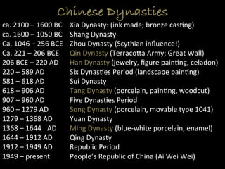 Chinese Dynasties
ca.	
  2100	
  –	
  1600	
  BC 	
  Xia	
  Dynasty:	
  (ink	
  made;	
  bronze	
  cas>ng)	
  
ca.	
  1600	
  –	
  1050	
  BC 	
  Shang	
  Dynasty	
  
Ca.	
  1046	
  –	
  256	
  BCE 	
  Zhou	
  Dynasty	
  (Scythian	
  inﬂuence!)	
  
Ca.	
  221	
  –	
  206	
  BCE 	
  Qin	
  Dynasty	
  (TerracoLa	
  Army;	
  Great	
  Wall)	
  
206	
  BCE	
  –	
  220	
  AD 	
  Han	
  Dynasty	
  (jewelry,	
  ﬁgure	
  pain>ng,	
  celadon)	
  
220	
  –	
  589	
  AD	
  	
   	
  Six	
  Dynas>es	
  Period	
  (landscape	
  pain>ng)	
  
581	
  –	
  618	
  AD	
   	
  Sui	
  Dynasty	
  
618	
  –	
  906	
  AD	
   	
  Tang	
  Dynasty	
  (porcelain,	
  pain>ng,	
  woodcut)	
  
907	
  –	
  960	
  AD	
   	
  Five	
  Dynas>es	
  Period	
  
960	
  –	
  1279	
  AD	
   	
  Song	
  Dynasty	
  (porcelain,	
  movable	
  type	
  1041)	
  
1279	
  –	
  1368	
  AD 	
  Yuan	
  Dynasty	
  
1368	
  –	
  1644 	
  AD 	
  Ming	
  Dynasty	
  (blue-­‐white	
  porcelain,	
  enamel)	
  
1644	
  –	
  1912	
  AD 	
  Qing	
  Dynasty	
  
1912	
  –	
  1949	
  AD 	
  Republic	
  Period	
  
1949	
  –	
  present 	
  People’s	
  Republic	
  of	
  China	
  (Ai	
  Wei	
  Wei) 	
  	
  
 