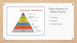 Three Features of
Shang Dynasty
• 1. Writing
• 2. Bronze
• 3. Social Classes
 