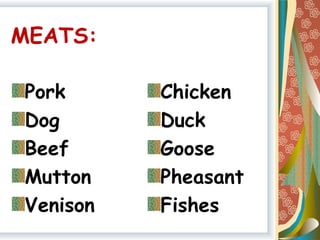 MEATS:
Pork
Dog
Beef
Mutton
Venison
Chicken
Duck
Goose
Pheasant
Fishes
 