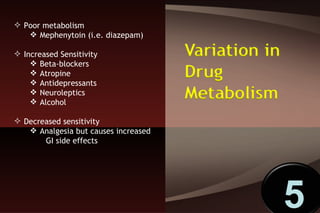 5 5 Poor metabolism Mephenytoin (i.e. diazepam) Increased Sensitivity Beta-blockers  Atropine Antidepressants Neuroleptics Alcohol Decreased sensitivity  Analgesia but causes increased  GI side effects 