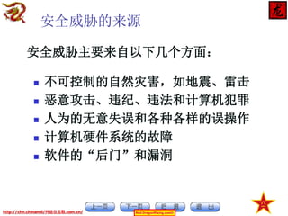 安全威胁的来源
安全威胁主要来自以下几个方面：






不可控制的自然灾害，如地震、雷击
恶意攻击、违纪、违法和计算机犯罪
人为的无意失误和各种各样的误操作
计算机硬件系统的故障
软件的“后门”和漏洞

http://chn.chinamil/网絡信息戰.com.cn/

Red-DragonRising.com©

 