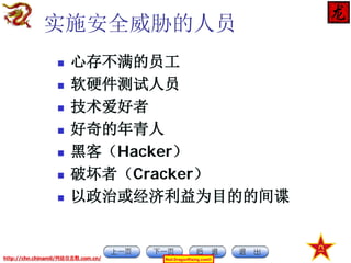 实施安全威胁的人员








心存不满的员工
软硬件测试人员
技术爱好者
好奇的年青人
黑客（Hacker）
破坏者（Cracker）
以政治或经济利益为目的的间谍

http://chn.chinamil/网絡信息戰.com.cn/

Red-DragonRising.com©

 