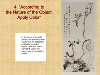 In the hands of a master
painter, black is considered
a color and the application
of all color, including
layers, value and tone is
important. Colors are
always true to the subject
matter.
 