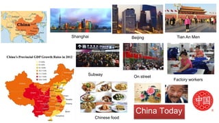China Today
Shanghai Beijing Tian An Men
Factory workers
On street
Subway
Chinese food
 