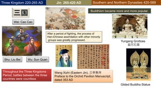 Three Kingdom 220-265 AD Jin 265-420 AD Southern and Northern Dynasties 420-589
Wei: Cao Cao
Shu: Liu Bei Wu: Sun Quan
Throughout the Three Kingdoms
Period, battles between the three
countries were countless
After a period of fighting, the process of
Han-Chinese assimilation with other minority
groups was greatly progressed.
Buddhism became more and more popular.
Yungang Grottoes
云冈石窟
Wang Xizhi (Eastern Jin), 兰亭集序
Preface to the Orchid Pavilion Manuscript,
dated 353 AD
Gilded Buddha Statue
 