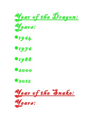 Year of the Dragon:
Years:
•1964
•1976
•1988
•2000
•2012
Year of the Snake:
Years:
 