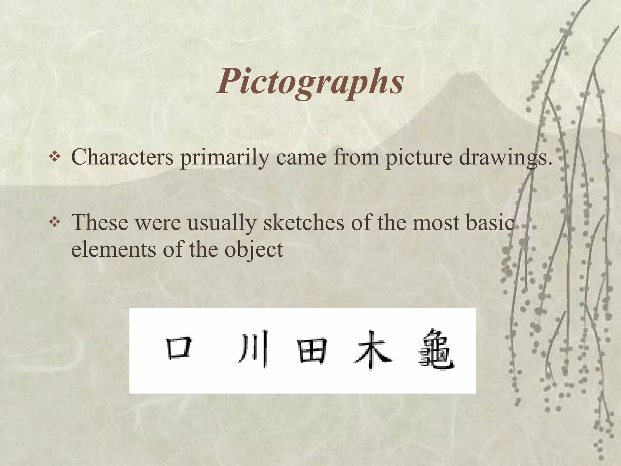 Pictographs Characters primarily came from picture drawings. These were usually sketches of the most basic elements of the object 