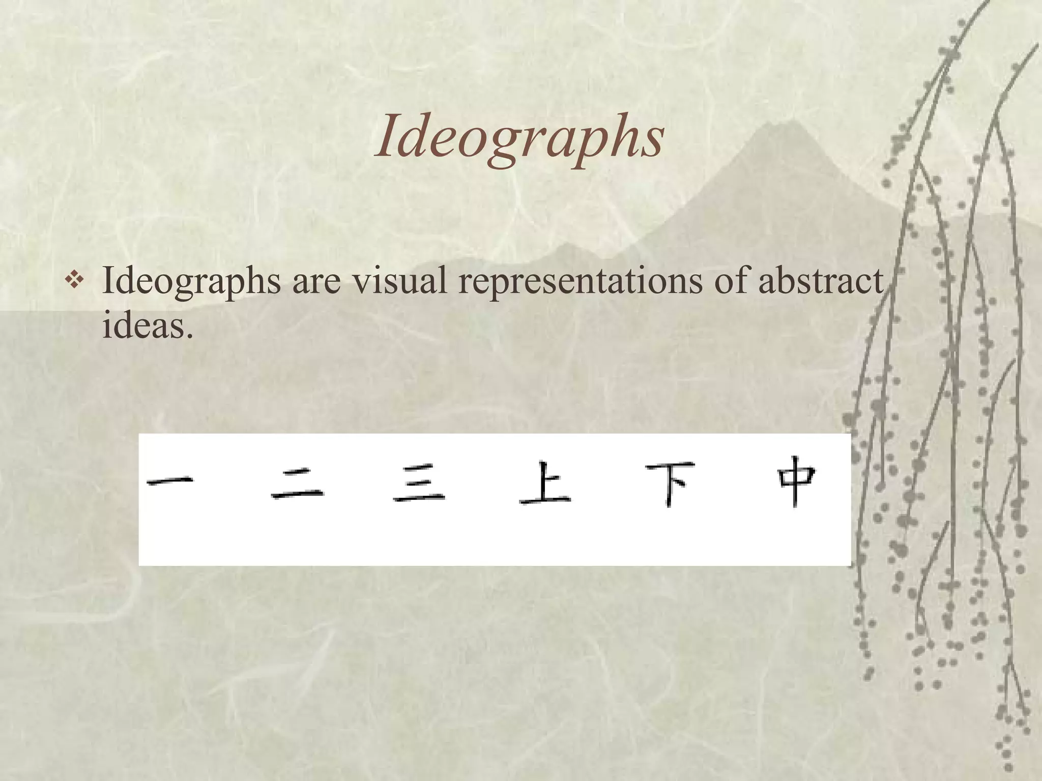Ideographs Ideographs are visual representations of abstract ideas.  