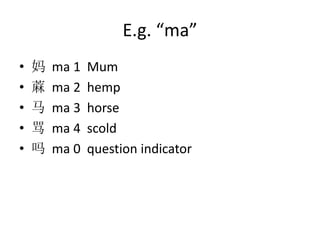 E.g. “ma”
• 妈 ma 1 Mum
• 蔴 ma 2 hemp
• 马 ma 3 horse
• 骂 ma 4 scold
• 吗 ma 0 question indicator
 