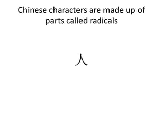 Chinese characters are made up of
parts called radicals
人
 