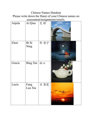 Chinese Names Handout
Please write down the Hanzi of your Chinese names on
assessment/assignments/emails.
Anjola Ai Qiao 艾 桥
Eleni Bi Si
Ning
毕 思宁
Gracie Bing Xin 冰心
Lucia Fang
Luo Xia
方 落霞
 