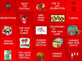 ABOUT THE FESTIVAL CHINESE ZODIAC THE 15  DAY CELEBRATION NEW YEARS FOOD DECORATIONS TABOOS THE LUNAR NEW YEAR FESTIVAL CHINESE LANTERN FESTIVAL CHINESE NEW YEAR CRAFTS THE YEAR OF THE RABBIT ZODIAC ORIGAMI COUNTDOWN TO  NEW YEAR GAME 