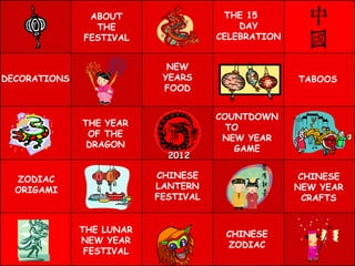 ABOUT THE FESTIVAL CHINESE ZODIAC THE 15  DAY CELEBRATION NEW YEARS FOOD DECORATIONS TABOOS THE LUNAR NEW YEAR FESTIVAL CHINESE LANTERN FESTIVAL CHINESE NEW YEAR CRAFTS THE YEAR OF THE DRAGON ZODIAC ORIGAMI COUNTDOWN TO  NEW YEAR GAME 2012 