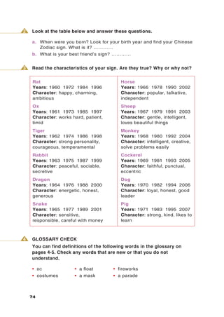2   Look at the table below and answer these questions.

    a. When were you born? Look for your birth year and find your Chinese
       Zodiac sign. What is it? …………
    b. What is your best friend’s sign? …………


3   Read the characteristics of your sign. Are they true? Why or why not?


     Rat                                   Horse
     Years: 1960 1972 1984 1996            Years: 1966 1978 1990 2002
     Character: happy, charming,           Character: popular, talkative,
     ambitious                             independent
     Ox                                    Sheep
     Years: 1961 1973 1985 1997            Years: 1967 1979 1991 2003
     Character: works hard, patient,       Character: gentle, intelligent,
     timid                                 loves beautiful things
     Tiger                                 Monkey
     Years: 1962 1974 1986 1998            Years: 1968 1980 1992 2004
     Character: strong personality,        Character: intelligent, creative,
     courageous, temperamental             solve problems easily
     Rabbit                                Cockerel
     Years: 1963 1975 1987 1999            Years: 1969 1981 1993 2005
     Character: peaceful, sociable,        Character: faithful, punctual,
     secretive                             eccentric
     Dragon                                Dog
     Years: 1964 1976 1988 2000            Years: 1970 1982 1994 2006
     Character: energetic, honest,         Character: loyal, honest, good
     generous                              leader
     Snake                                 Pig
     Years: 1965 1977 1989 2001            Years: 1971 1983 1995 2007
     Character: sensitive,                 Character: strong, kind, likes to
     responsible, careful with money       learn



4   GLOSSARY CHECK
    You can find definitions of the following words in the glossary on
    pages 4-5. Check any words that are new or that you do not
    understand.

    •    BC            • a float       • fireworks
    • costumes         • a mask        • a parade



    74
 