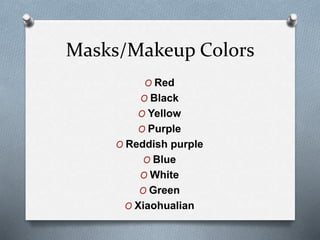 Masks/Makeup Colors
O Red
O Black
O Yellow
O Purple
O Reddish purple
O Blue
O White
O Green
O Xiaohualian
 