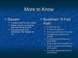 More to Know
   Daoism                                Buddhism “8 Fold
    

    
        A clever mind is not a heart
        There is more to knowing
                                           Path”
        than just being correct.              To know the truth
       The wise know their                   To intend to resist evil
        limitations; the foolish do           To not say anything to hurt others
        not.                                  To respect life, property, and
                                               morality
                                              To work at a job that does not
                                               injure others
                                              To try to free one's mind from evil
                                              To be in control of one's feelings
                                               and thoughts
                                              To practice appropriate forms of
                                               concentration
 