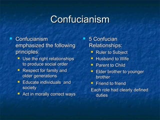 Confucianism
   Confucianism                         5 Confucian
    emphasized the following              Relationships:
    principles:                            Ruler to Subject
       Use the right relationships        Husband to Wife

        to produce social order            Parent to Child
       Respect for family and             Elder brother to younger
        older generations                   brother
       Educate individuals and            Friend to friend
        society
                                          Each role had clearly defined
       Act in morally correct ways         duties
 