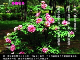 洛陽牡丹 李白 《春夜洛城聞笛》   誰家玉笛暗飛聲，   散入春風滿洛城。   此夜曲中聞折柳，   何人不起故鄉情。   按：這詩寫於開元二十二年（ 734 年）春天，三十四歲的李白在當時的東都洛陽游覽的時候，幽怨的笛聲引起了詩人思郷之情。 18/33 