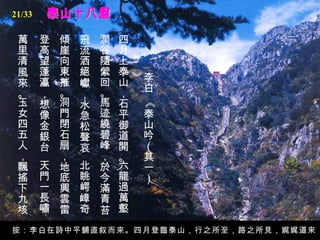 泰山十八盤 李白 《泰山吟（其一）》   四月上泰山，石平御道開。   六龍過萬壑，   澗谷隨縈回。   馬迹繞碧峰，於今滿青苔。  飛流洒絕巘，水急松聲哀。   北眺崿嶂奇，   傾崖向東摧。   洞門閉石扇，地底興雲雷。  登高望蓬灜，想像金銀台。   天門一長嘯，   萬里清風來。   玉女四五人，飄搖下九垓。   按：李白在詩中平舖直叙而來。四月登臨泰山，行之所至，路之所見，娓娓道來。 21/33 