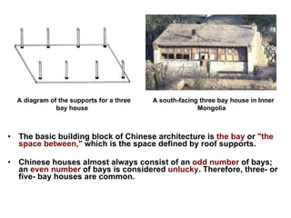 The basic building block of Chinese architecture is  the bay  or  "the space between,"  which is the space defined by roof supports.  Chinese houses almost always consist of an  odd number  of bays; an  even number  of bays is considered  unlucky . Therefore, three- or five- bay houses are common. A diagram of the supports for a three bay house   A south-facing three bay house in Inner Mongolia   
