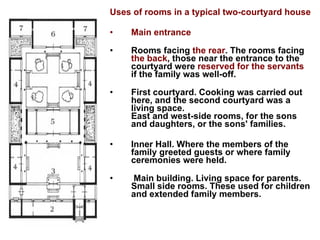 Uses of rooms in a typical two-courtyard house Main entrance Rooms facing  the rear . The rooms facing  the back , those near the entrance to the courtyard were  reserved for the servants  if the family was well-off. First courtyard. Cooking was carried out here, and the second courtyard was a living space. East and west-side rooms, for the sons and daughters, or the sons' families. Inner Hall. Where the members of the family greeted guests or where family ceremonies were held. Main building. Living space for parents. Small side rooms. These used for children and extended family members. 