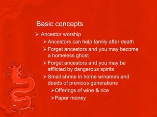 Basic concepts
 Ancestor worship
    Ancestors can help family after death
    Forget ancestors and you may become
     a homeless ghost
    Forget ancestors and you may be
     afflicted by dangerous spirits
    Small shrine in home w/names and
     deeds of previous generations
      Offerings of wine & rice
      Paper money
 