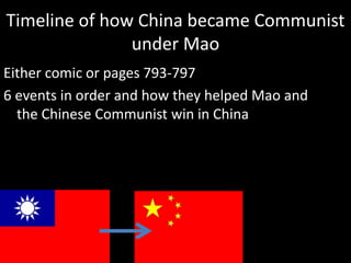 Timeline of how China became Communist
under Mao
Either comic or pages 793-797
6 events in order and how they helped Mao and
the Chinese Communist win in China
 