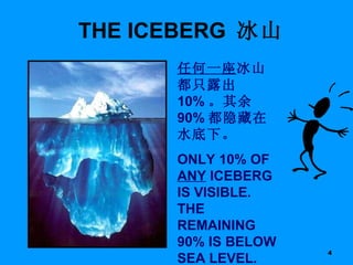 THE ICEBERG  冰山 任何一座 冰山都只露出 10% 。其余 90% 都隐藏在水底下。 ONLY 10% OF  ANY  ICEBERG IS VISIBLE. THE REMAINING 90% IS BELOW SEA LEVEL. 