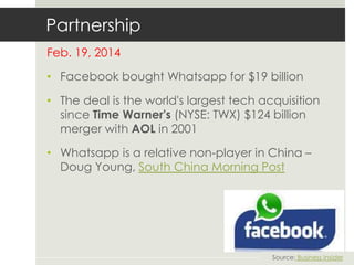 Partnership
Feb. 19, 2014
• Facebook bought Whatsapp for $19 billion
• The deal is the world's largest tech acquisition
since Time Warner's (NYSE: TWX) $124 billion
merger with AOL in 2001
• Whatsapp is a relative non-player in China –
Doug Young, South China Morning Post
Source: Business Insider
 