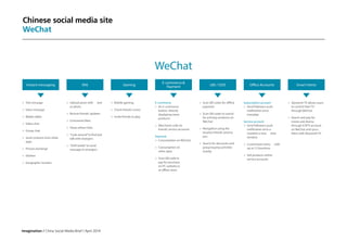 Imagination / China Social Media Brief / April 2014
Chinese social media site
WeChat
WeChat
Instant messaging SNS Gaming
E-commerce 
Payment LBS / O2O Office Accounts Smart Home
 Text message
 Voice message
 Walkie talkie
 Video chat
 Group chat
 Send contents from other
apps
 Picture exchange
 Stickers
 Geographic location
 Upload posts with text
or photo
 Browse friends’updates
 Comments/likes
 Share others’links
 “Look around”to find and
talk with strangers
 “Drift bottle”to send
message to strangers
 Mobile gaming
 Check friends’scores
 Invite friends to play
E-commerce
 An e-commerce
button, directly
displaying some
products
 Merchants sold via
brands’service accounts
Payment
 Consumption on WeChat
 Consumption on
other apps
 Scan QR code to
pay for purchase
on PC website or
at offline store
 Scan QR codes for offline
payment
 Scan QR codes to search
for and buy products on
WeChat
 Navigation using the
location friends send to
you
 Search for discounts and
group buying activities
nearby
Subscription account
 Send followers push
notification once
everyday
Service account
 Send followers push
notification once a
monthin a new chat
window
 Customized menu with
up to 15 functions
 Sell products within
service accounts
 Skyworth TV allows users
to control their TV
through WeChat
 Search and pay for
movie and drama
through iCNTV account
on WeChat and syncs
them with Skyworth TV
 