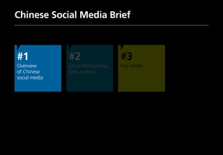 3
Chinese Social Media Brief
#1
Overview
of Chinese
social media
#2
Social Networking
Sites analysis
#3
Key trends
 