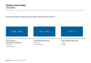 Imagination / China Social Media Brief / April 2014
The Renren /
Kaixin001 dynasty
	Real name
	Real connection
The Weibo dynasty
	Anonymity
	Casual connections
The WeChat dynasty
	Privacy
	Mobility
Chinese social media
Evolution
China has been experiencing a light-speed SNS evolution.
2008 – 2009 2010 – 2013 2014 – ?
 